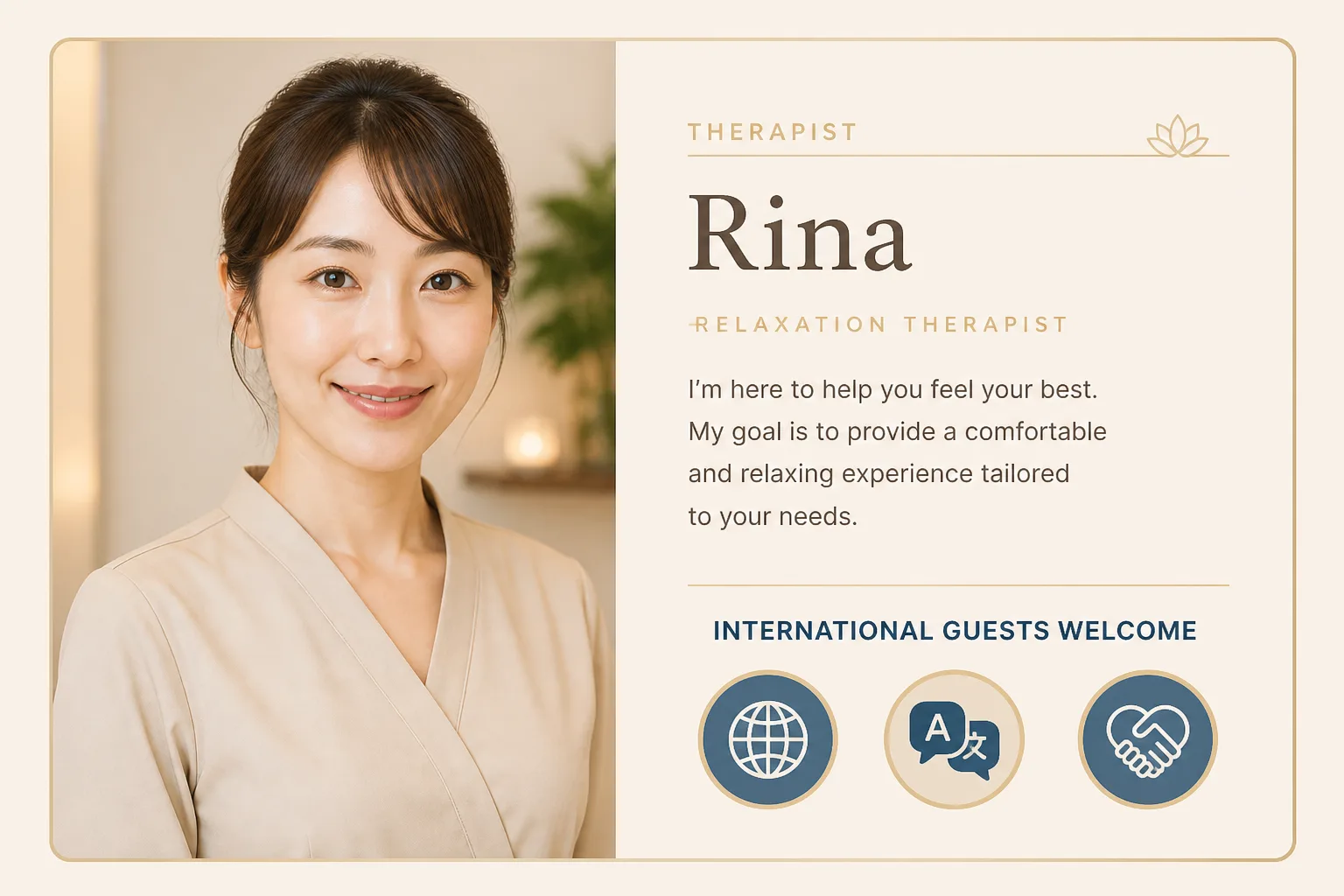 A fictional therapist profile showing international guest, language and welcome-support icons