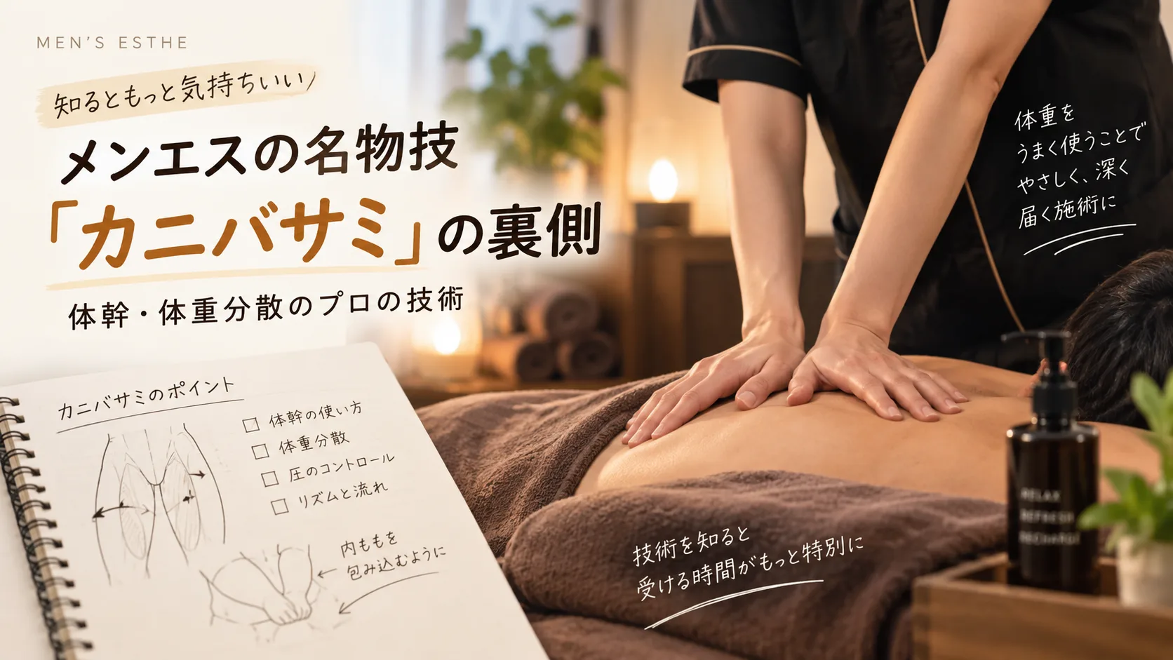 メンエスの名物技「カニバサミ」の裏側｜体幹・体重分散のプロの技術