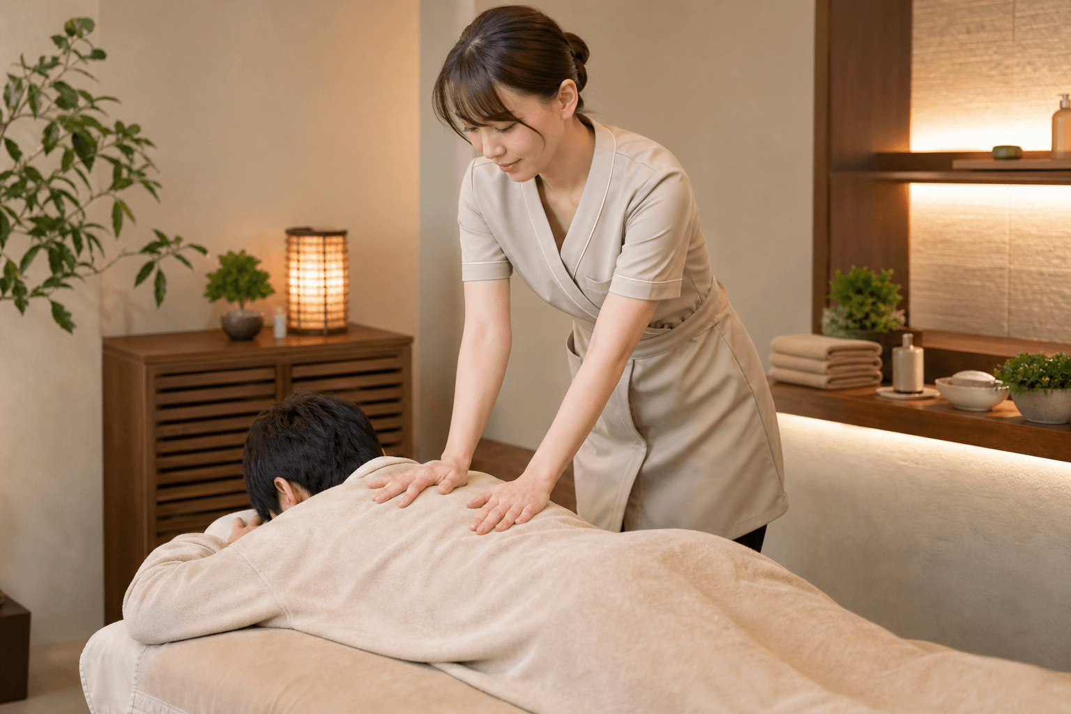 セラピストが男性利用者の肩まわりを施術しているイメージ