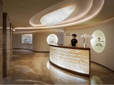 An illustrative reception area at a relaxation facility