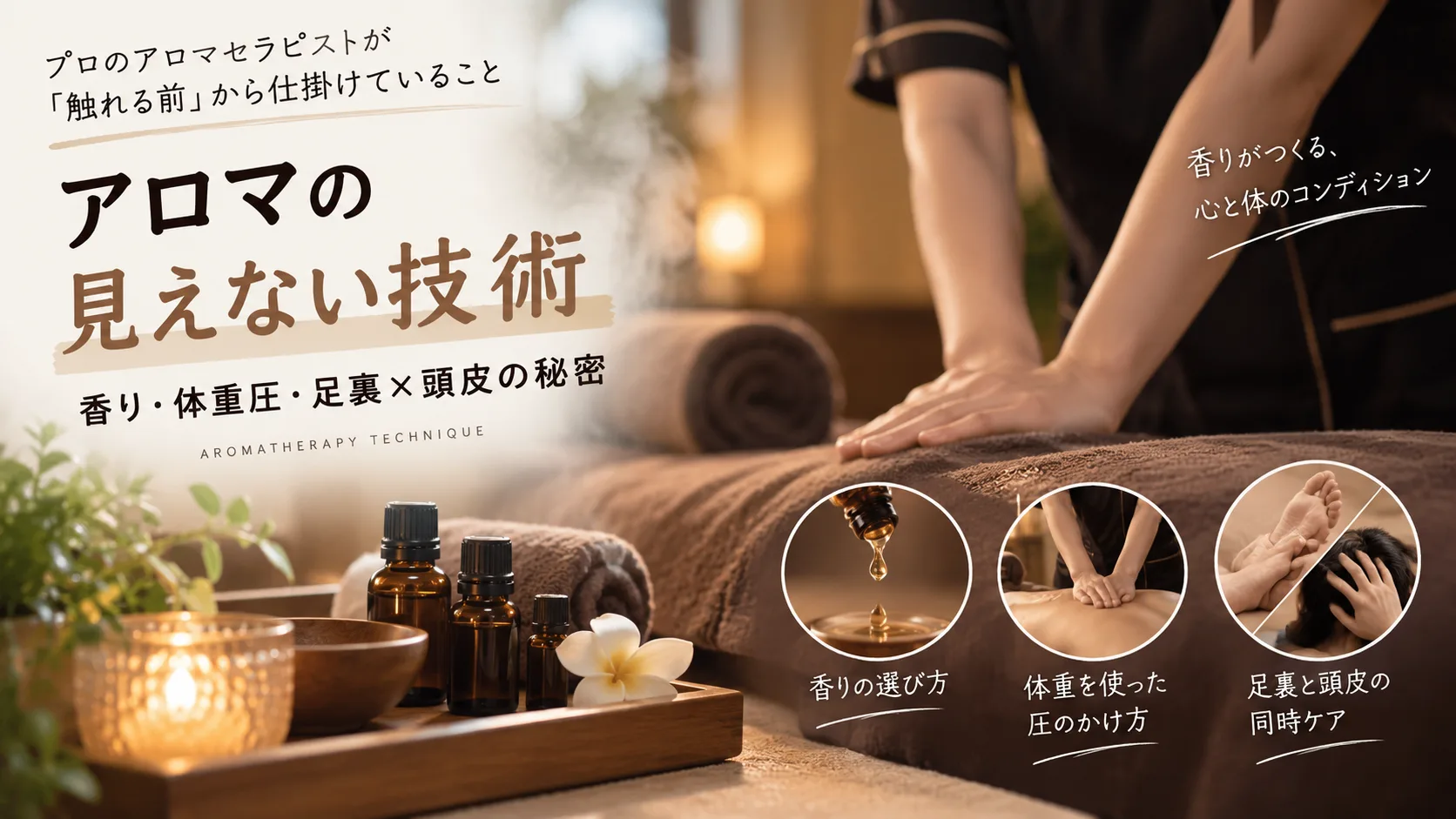 プロのアロマセラピストが「触れる前」から仕掛けていること|香り・体重圧・足裏×頭皮の技術