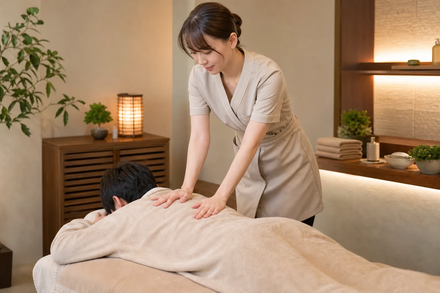 セラピストが男性利用者の肩まわりを施術しているリラクゼーションのイメージ